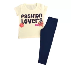 Conjunto Infantil Calça Legging Azul e Blusa Manga Curta Creme Tamanho 04,06,08 Para Meninas