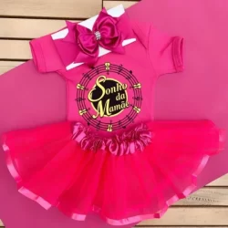 Body temático mesversário bebê Bombom Sonho da Mamãe + saia tule + laço