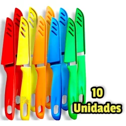 Kit Facas 10 Unidades Lâmina Afiada Faquinha Colorida em Aço Inox com Bainha