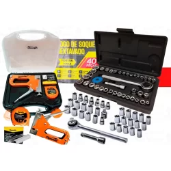 Kit Jogo Ferramentas 43 Peças Com Chave Catraca Reversível Soquetes Grampeador Tapeceiro Trena Top