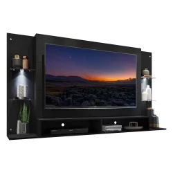Painel com Suporte TV 60" e 2 Leds Prateleiras de Vidro Vegas Multimóveis Preto