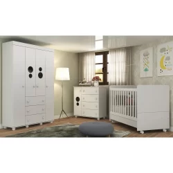 Quarto Completo Pimpolho com berço 3 em 1 com rodízios Multimóveis Branco com 03 anos de Garantia
