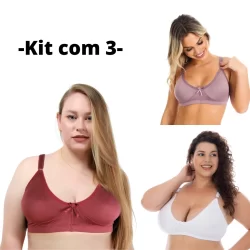 Kit 3 Sutiã Reforçado Plus Size e Normal Sustentação Sem Bojo Alça Larga - Sutia N/P