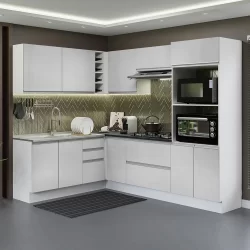 Cozinha Completa de Canto 100% MDF Madesa Acordes 419003 com Armário e Balcão - Frente Branco Brilho