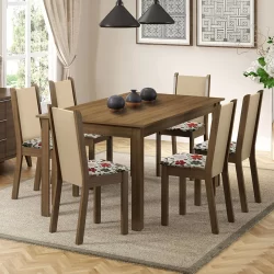 Conjunto Sala de Jantar Madesa Miriam Mesa Tampo de Madeira com 6 Cadeiras - Rustic/Crema/Hibiscos