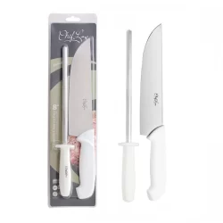 Kit Para Churrasco Chaira e Faca Aço Inox Afiador Profissional Cabo PP Branco