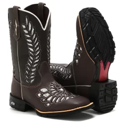 BOTA BOTINA TEXANA FEMININA COUNTRY BORDADO A LASER BICO QUADRADO