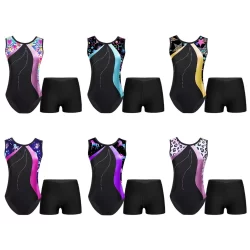 Collant Estampado De Retalhos Sem Mangas Para Meninas , Shorts Com Cintura Frontal Em V Dança , Ginástica , Performance