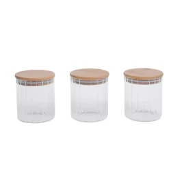 Kit 3 potes vidro canelado com tampa de bambu 500ml - Oikos
