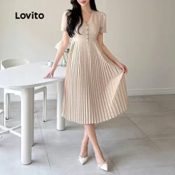 (Trendy) Lovito Vestido elegante liso plissado com pérolas frontais para mulheres L129ED634