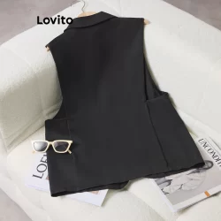 (Trendy) Lovito Blusa feminina casual com botões lisos na frente LNE57269