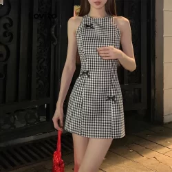 (Trendy) Lovito Vestido Casual Guingão Arco Vestido De Verão/Primavera Para Mulheres L112ED570