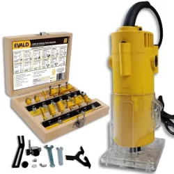 Tupia para Laminado 6mm 650W EVTUP110/220 com Kit de 12 Fresas para Madeira Haste 6mm EVALD