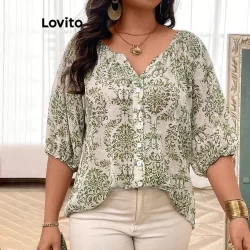 (Trendy) Lovito Blusa Casual Com Botão Estampado Tribal Para Mulheres LBL21091