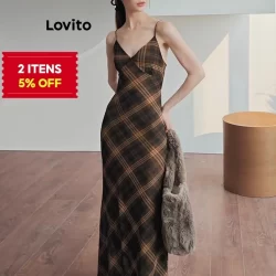 (Trendy) Lovito Vestido casual xadrez estrutura linha para mulheres L122AD011