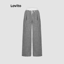 Lovito Calças casuais xadrez colorblock com amarração frontal para mulheres L110AD657