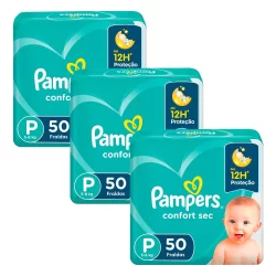 Kit 3 Fralda Pampers Confort Sec Tamanho P Pacote Mega com 50 Fraldas Descartáveis cada