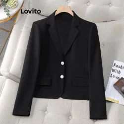 Lovito Blazer elegante de bolso falso com botão liso para mulheres LNL65016