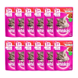 Kit 12 Ração Úmida para Gatos Whiskas Adulto 1+ Anos Sabor Carne ao Molho em Sachê 85g