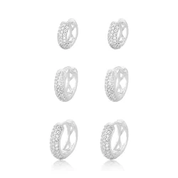 Trio Brincos Argola 3 Fileiras Cravejadas Prata 925