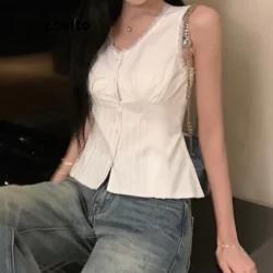 Lovito Regata Casual Com Botão De Renda Lisa Para Mulheres LNE70141