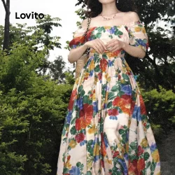 (Trendy) Lovito Elegante Estrutura Floral Linha Cruzada Primavera/Verão Vestido Multicolorido Para Mulheres L134LD202