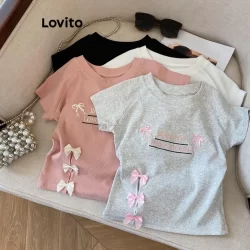 Lovito Camiseta casual assimétrica com laço liso para mulheres LNE65404
