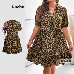 Lovito Vestido Plus Size Curve Boho Leopardo Babado Bainha para Mulheres LBL19290
