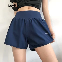(Trendy) Lovito Shorts Esportivos Esportivos Com Letras De Camada Dupla Padrão Shorts Esportivos Para Mulheres LNA10136