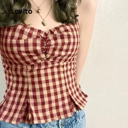 (Trendy) Lovito Regata Casual xadrez plissada para mulheres L128ED339