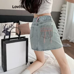 Lovito Casual Saia Jeans Feminina Lisa Colorblock LNA50224