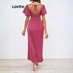 (Trendy) Lovito Vestido casual liso com babado recortado para mulheres LNL75262