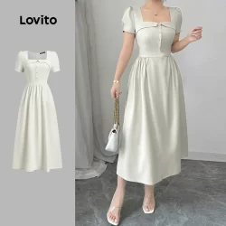 Lovito Vestido Elegante Com Babados E Gola Primavera/Verão Vestido Damasco Para Mulheres L134ED467