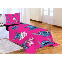 Lençol sem Elástico Solteiro + Fronha Lilo Stitch Pink
