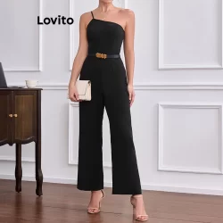 Lovito Macacão elegante com bolso assimétrico simples para mulheres LBL19773
