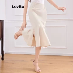 (Trendy) Lovito Saias elegantes com bainha plissada lisa para mulheres L113MD488