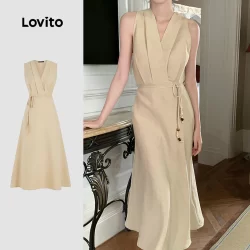 Lovito Vestido Casual liso com zíper plissado e cinto para mulheres L131LD1256