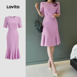 Lovito Vestido elegante liso plissado para mulheres L128ED372