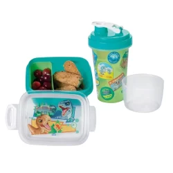 Kit para Lancheira Jurassic Explorer Volta à Aulas 2 Peças 1 Pote Marmita 1 Garrafa Mini Shakeira Dinossauro Plasútil