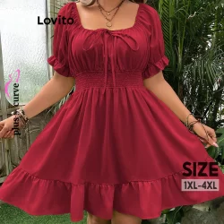Lovito Vestido plus size curvo elegante liso com renda para mulheres LNL68197