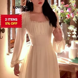(Trendy) Lovito Vestido Elegante Vestido Transparente De Renda Lisa Para Mulheres LNA29176 (Branco)