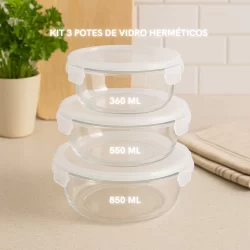 Kit 3 potes hérmeticos vidro marmita 4 travas redondo microondas freezer