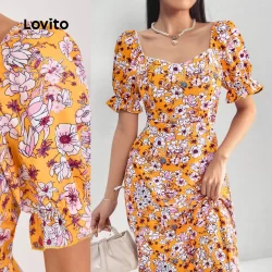 Lovito Boho Paisley Tecido Costura Estrutura Linha Redonda Vestido De Mangas Bufantes Para Mulheres LBL24064