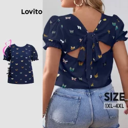 Lovito Blusa Curva Plus Size Blusa Casual Com Nó Borboleta Para Mulheres LBL19347