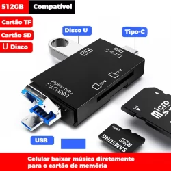 Leitor OTG Multiportas 6 em 1 – USB, Tipo-C, TF, Micro USB, Adaptador Alta Velocidade para Celular e PC