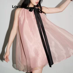 (Trendy) Lovito Vestido Casual Liso De Camada Dupla Com Gola Contrastante E Gravata Frontal Para Mulheres L109MD177