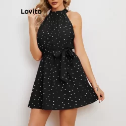 (Trendy) Lovito Casual Vestido Feminino de Bolinhas Franzido com Cinto LNE27234 (Vermelho/Preto)