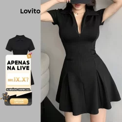 (Live Hosts' pick) Lovito Vestido Casual Vestido Liso Com Zíper Para Mulheres L104ED411