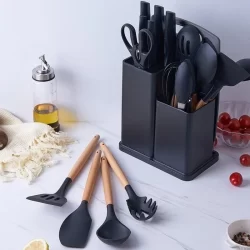 Kit Completo Jogo Utensílios de Cozinha Luxo 19 Peças Com Tábua em Silicone Espátula Faca Tesoura