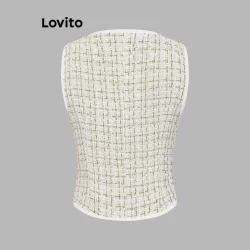 (Trendy) Lovito Regata Elegante Xadrez Com Botão Texturizado Em Tecido Regata Para Mulheres L73AD024